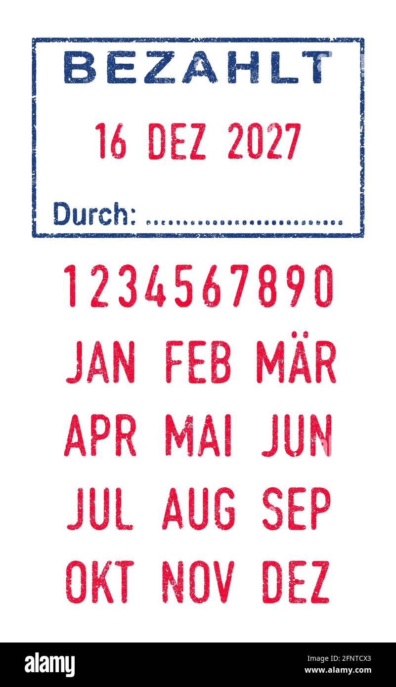 Illustration vectorielle des mots allemands bezahlt (payant) et durch (par) en tampon d'encre bleue et dates modifiables (jour, mois et année) en tampons d'encre rouge Illustration de Vecteur