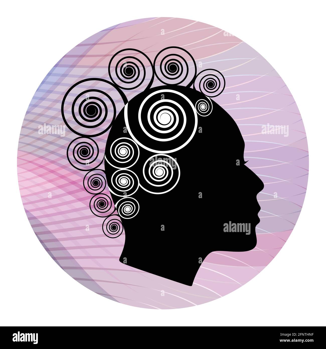 Profil de la tête de femme avec une coiffure extravagante en spirale sur fond ondulé rose. Stylisation en noir et blanc. Silhouette de profil de visage femelle. Emblème pour Illustration de Vecteur