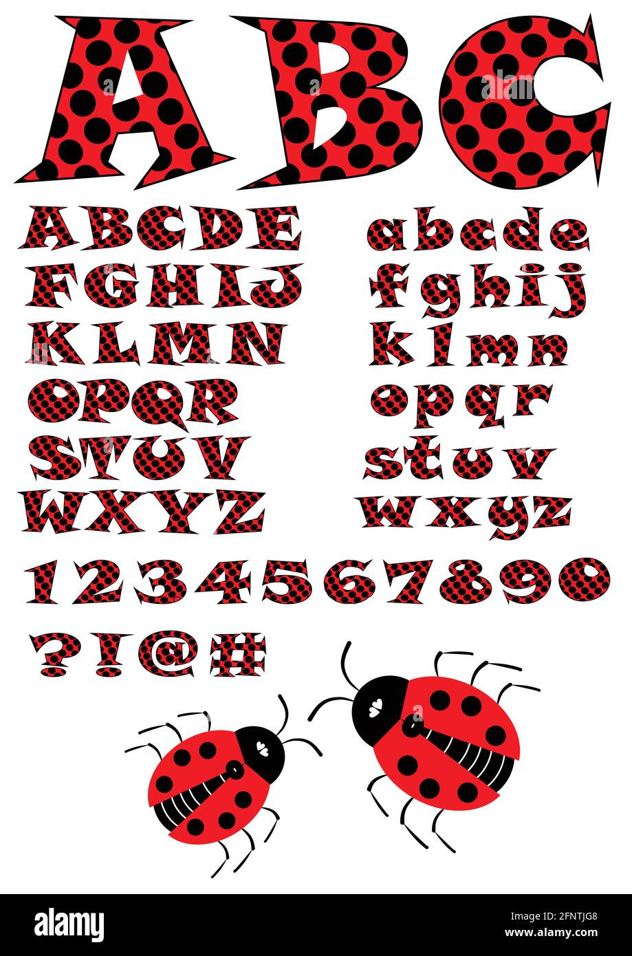 Alphabet en style coccinelle, lettres majuscules et minuscules en rouge et  noir, chiffres, point d'interrogation et d'exclamation et deux coccinelles  en additio Image Vectorielle Stock - Alamy
