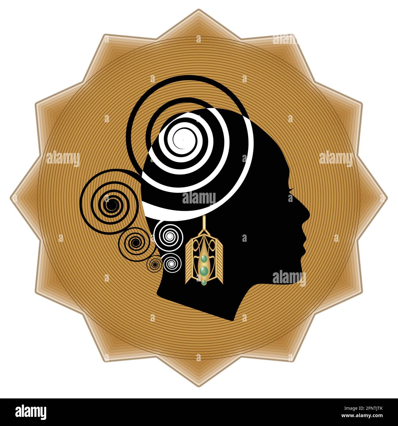 Silhouette féminine avec contour d'oreille art déco doré sur fond en forme d'étoile. Emblème promotionnel pour la vente d'orfèvre et de bijoux. Illustration de Vecteur