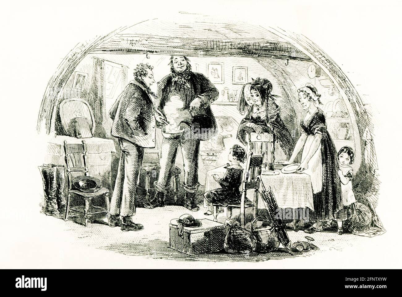 Le romancier anglais Charles Dickens (1837–1870) a publié son roman David Copperfield détaillant ses aventures dans son parcours de la petite enfance à la maturité. Il a été publié pour la première fois en série en 1849-50, et en livre en 1850. L'illustrateur était Hablot Browne. Le pseudonyme de Browne était 'Phiz'; Dickens était 'Boz'. Notez le nom « Phiz » sous cette illustration de Browne qui a la légende « Je suis reçu de façon hospitalière par M. Peggoty ». Banque D'Images