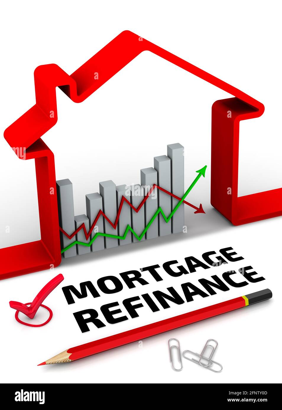 Refinancement hypothécaire. Une coche rouge avec le texte noir REFINANCE HYPOTHÉCAIRE, un graphique des changements dans les taux d'intérêt sur les hypothèques, un symbole rouge de la maison... Banque D'Images