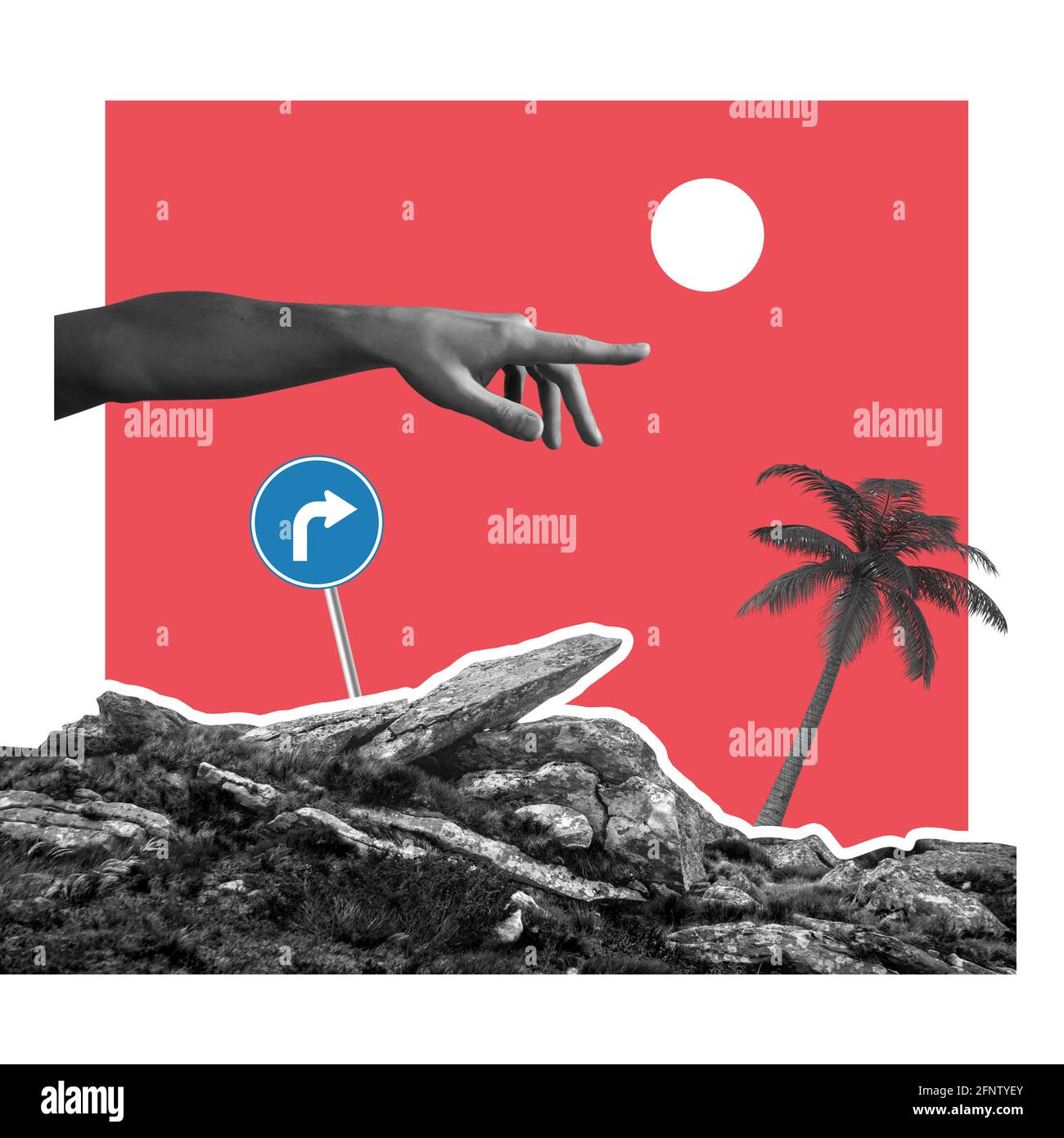 Esthétique féminine de la main pointant vers le paysage isolé sur fond clair. Collage artistique Banque D'Images