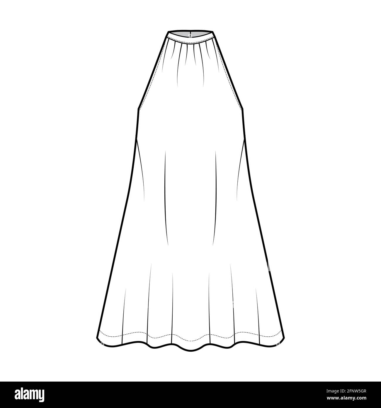 Robe trapèze tente technique mode illustration avec sans manches, corps surdimensionné, longueur de genou, bande haut cou halter. Vêtements plats sur le devant, coloris blanc. Femmes, hommes unisex CAD maquette Illustration de Vecteur