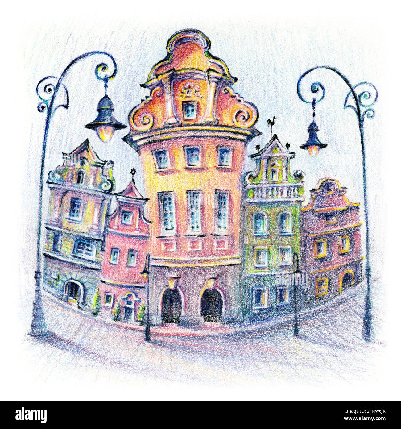 Crayons de couleur coplée croquis de maisons confortables sur la place du Vieux marché à Poznan, Pologne Banque D'Images