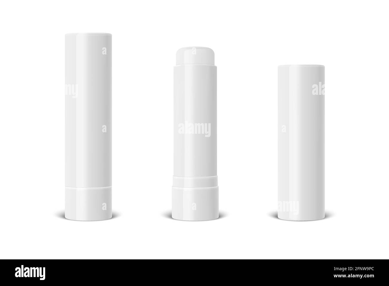 Vector Realistic 3d blanc blanc blanc fermé, ouvert lèvre Balm Stick, Hygienic Lipstick emballage set isolé. Modèle de conception pour graphiques, maquette vectorielle Illustration de Vecteur