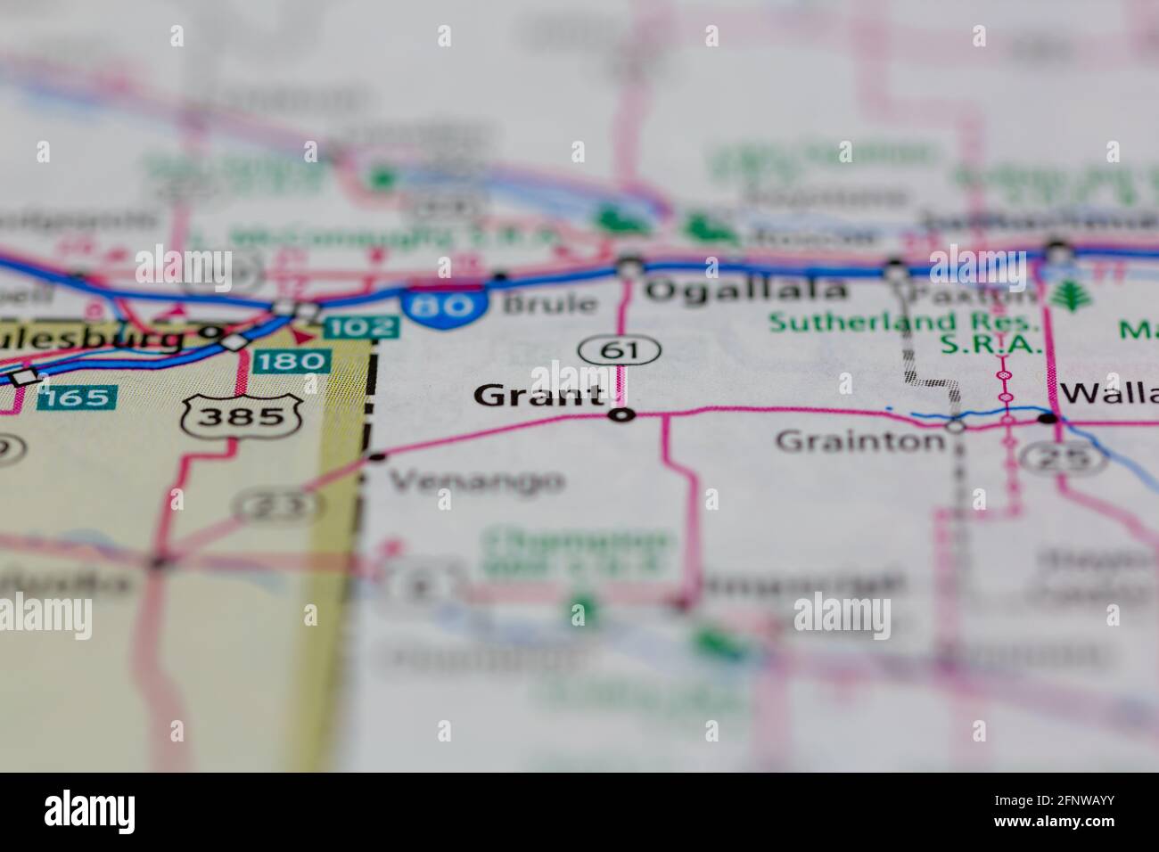 Grant Nebraska USA indiqué sur une carte géographique ou sur une route carte Banque D'Images