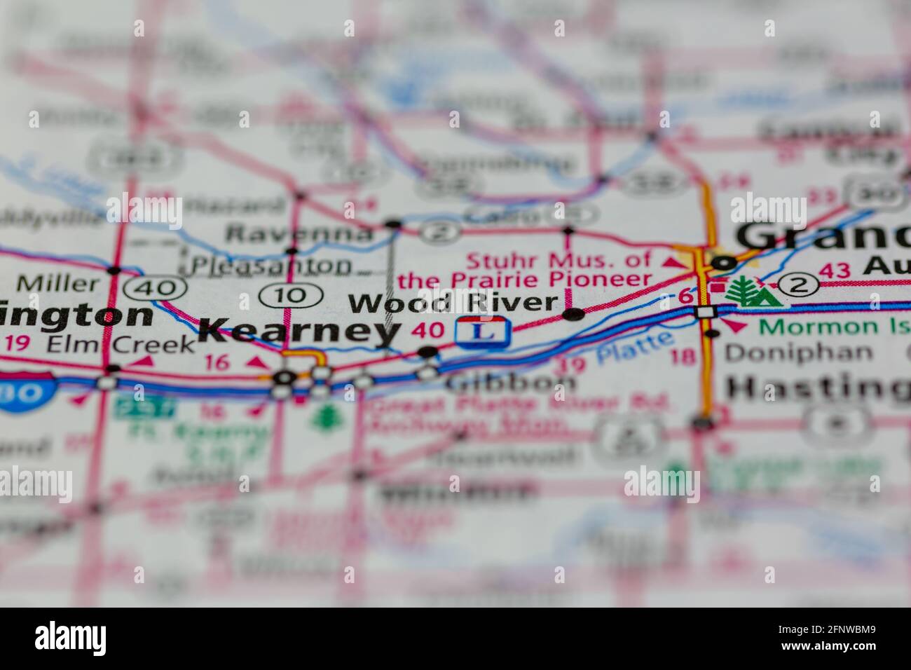 Wood River Nebraska USA montré sur une carte de géographie ou Carte routière Banque D'Images