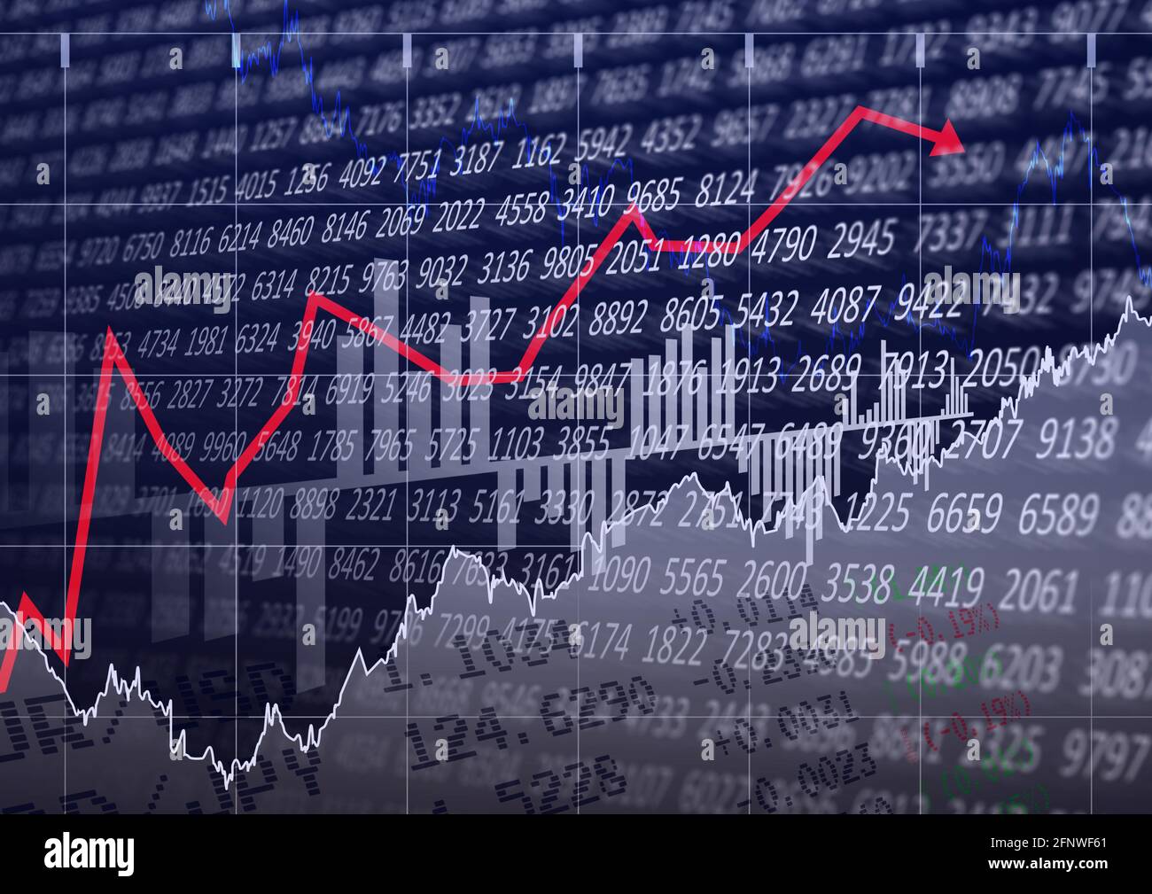 La flèche rouge indique l'évolution par rapport aux données du marché boursier et concept d'arrière-plan bleu d'analyse Banque D'Images