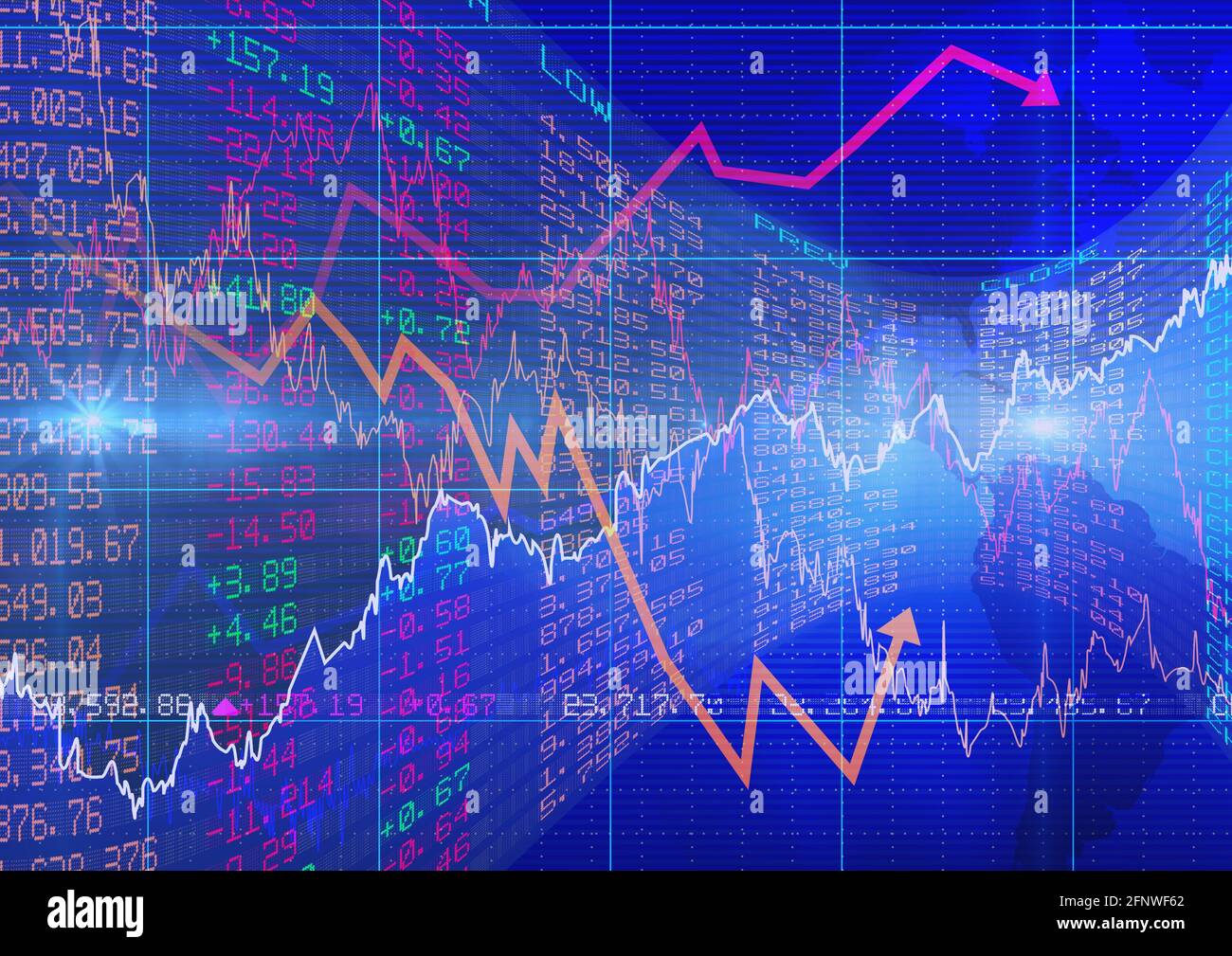 La flèche rouge indique l'évolution par rapport aux données du marché boursier et concept d'arrière-plan bleu d'analyse Banque D'Images