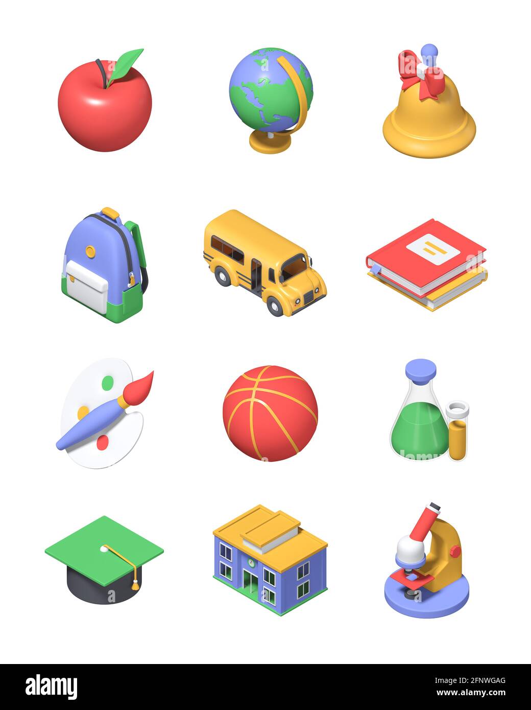 Retour à l'école - jeu d'icônes 3d colorées. Concept d'éducation. Sac à écolier, globe, pinceau et peintures, microscope, bus, livres, cloche, casquette universitaire, flacons, app Banque D'Images