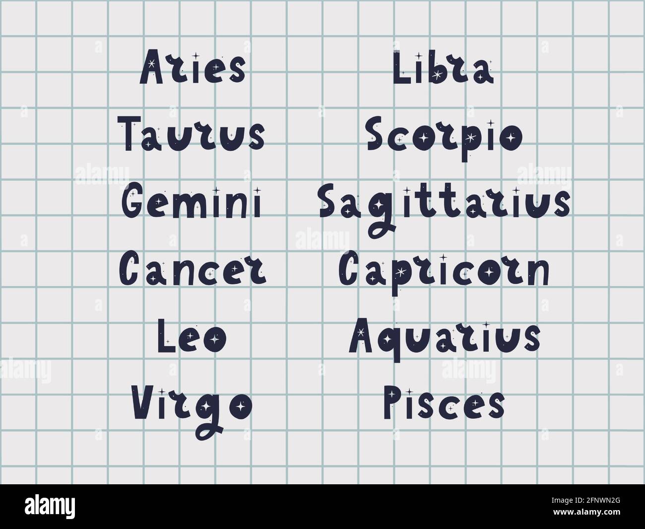 Lettrage Zodiac Sign Vector. Astrologie Cartoon illustration de texte. Manuscrite Horoscope icon set. Illustration de Vecteur
