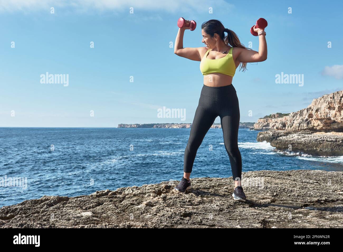 Femme latine, d'âge moyen, portant des vêtements de sport, entraînement, faire des exercices physiques, planche, sit-ups, pas de grimpeur, calories brûlées, maintien en forme, outdo Banque D'Images