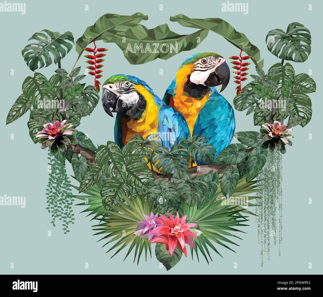 L'illustration polygonale couple les oiseaux de Macaw avec le concept d'amour. Illustration de Vecteur