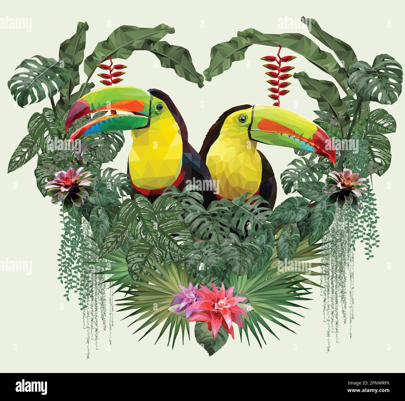 Illustration polygonale Toucan oiseau et Amazonie Forrest plantes dans l'amour concept. Illustration de Vecteur