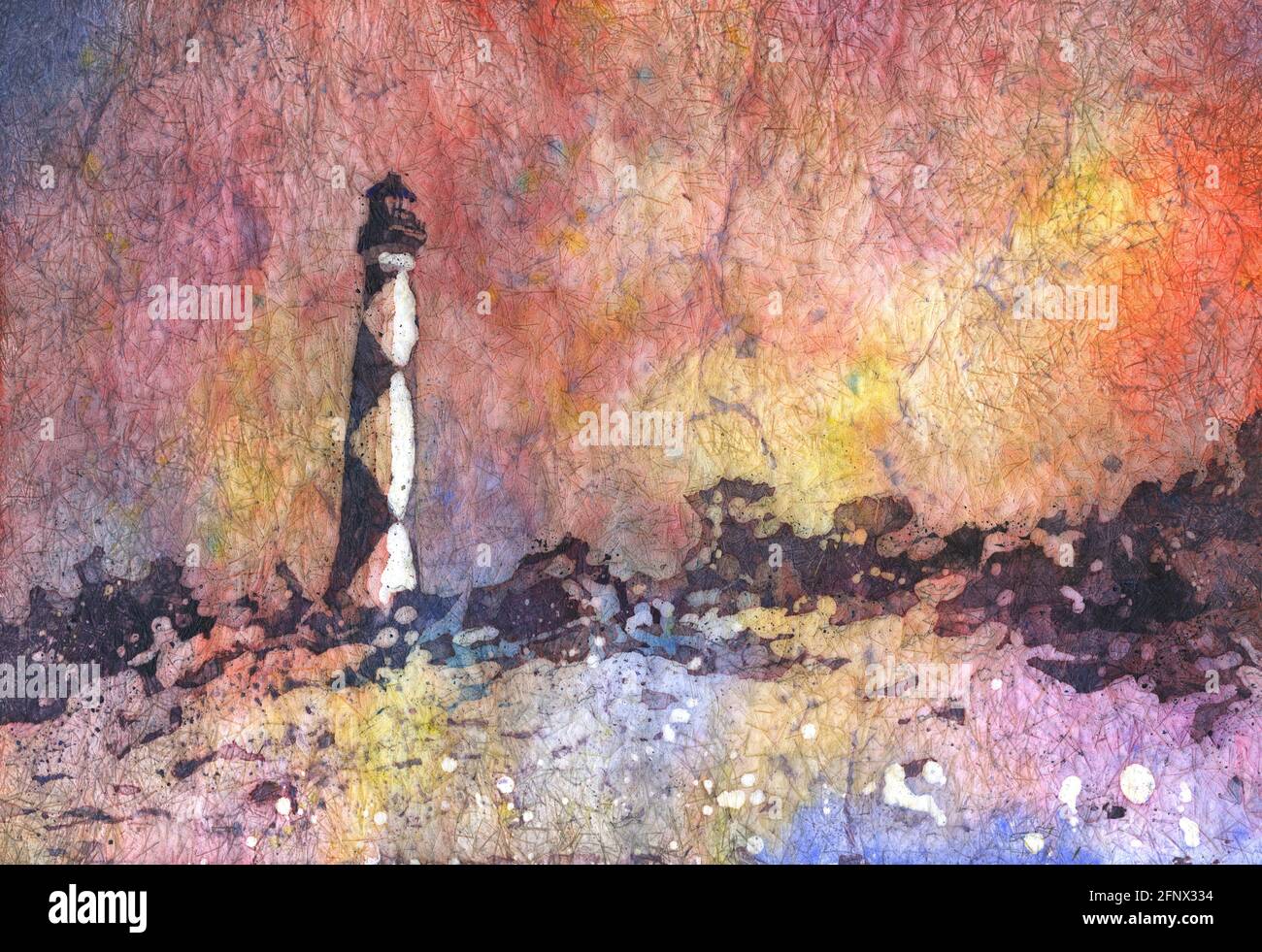 Peinture batik aquarelle d'art de phare historique de Cape Hatteras - Outer Banks, Caroline du Nord Banque D'Images