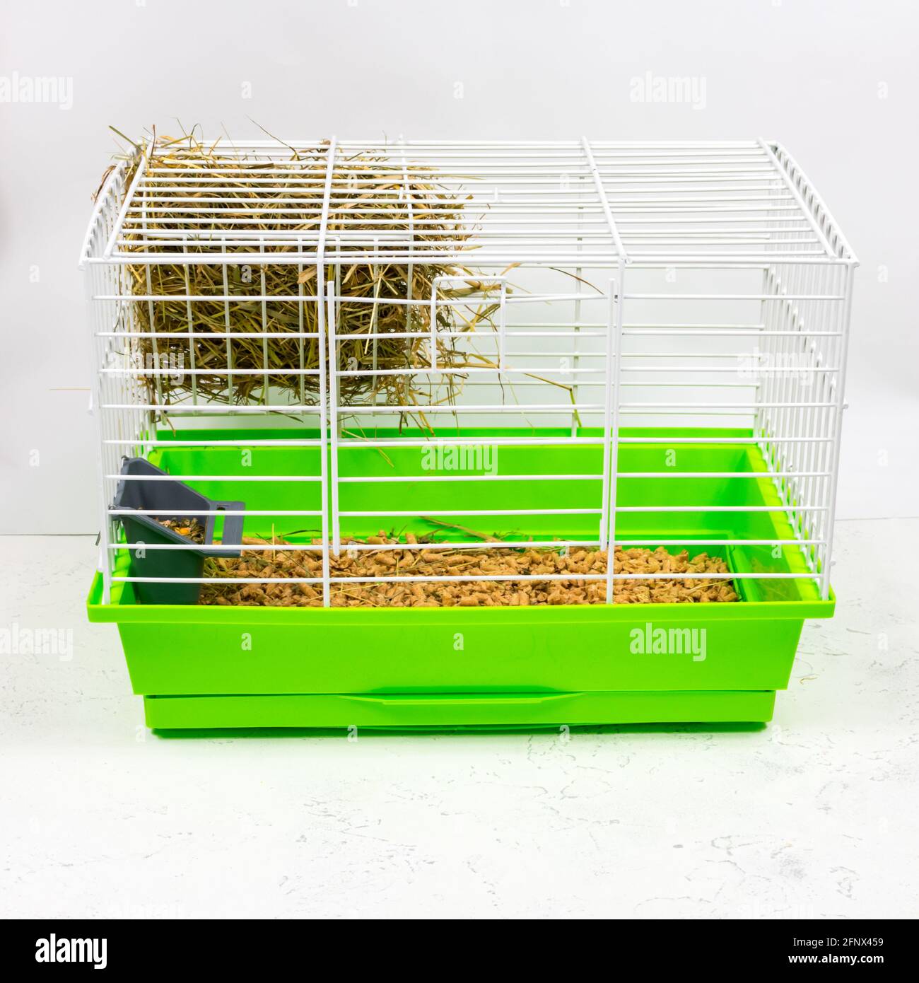 Cage en PET avec palette verte de copeaux, sciure, fourrage, foin et foin. Garder les animaux dans les cages. Vue latérale. Banque D'Images