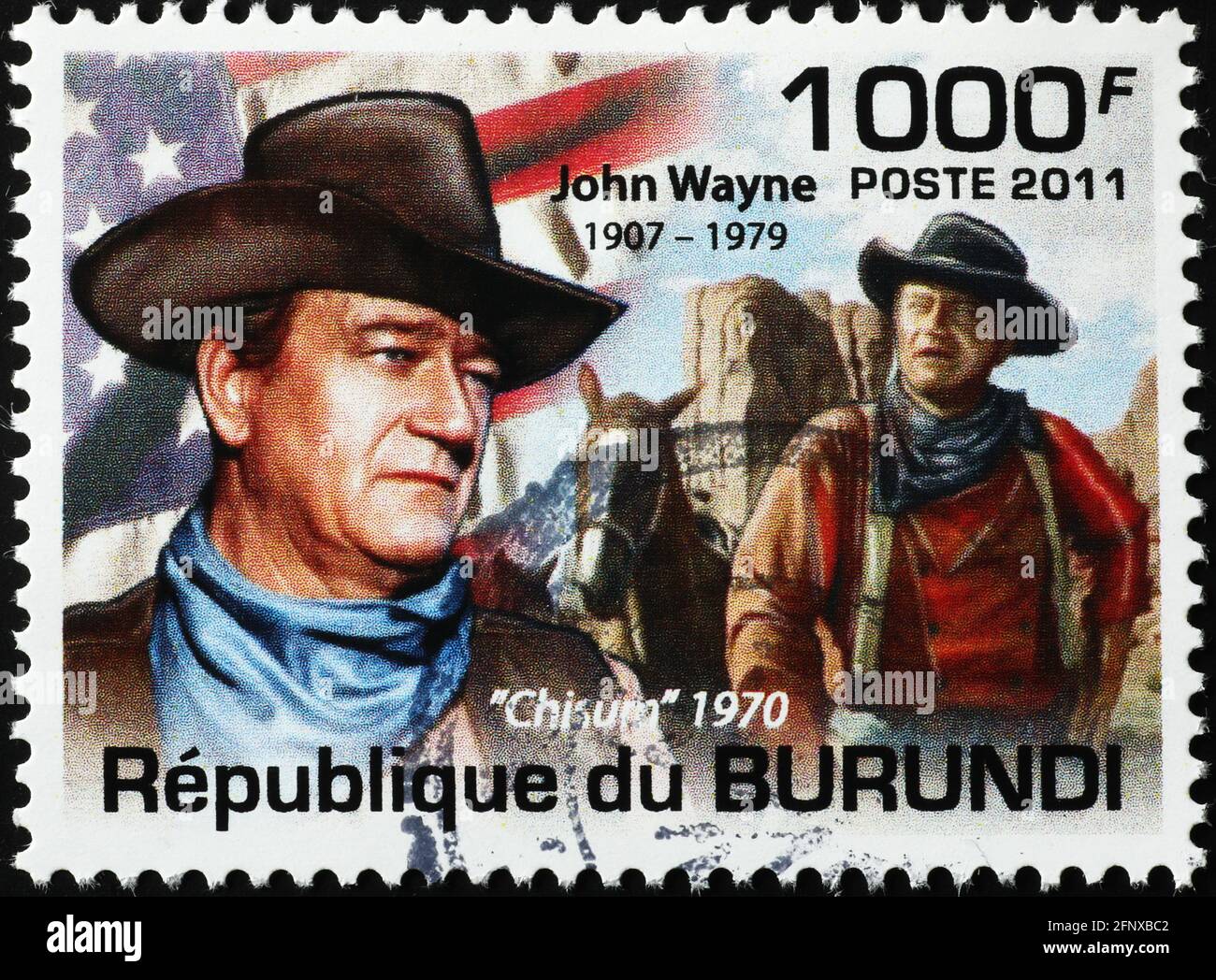 John Wayne et drapeau américain sur timbre-poste Banque D'Images
