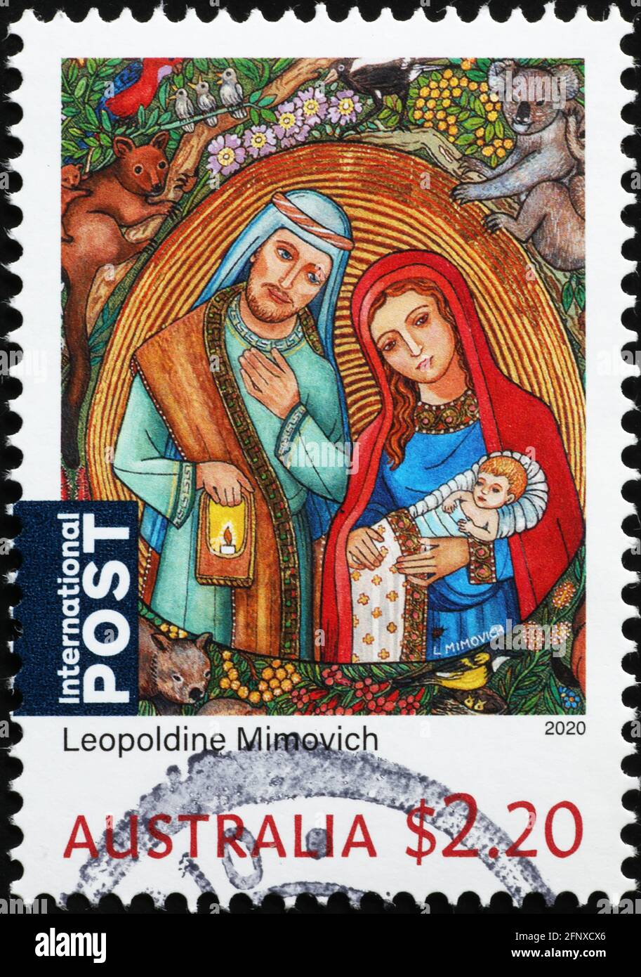 La famille sainte entourée d'animaux australiens sur le timbre Banque D'Images