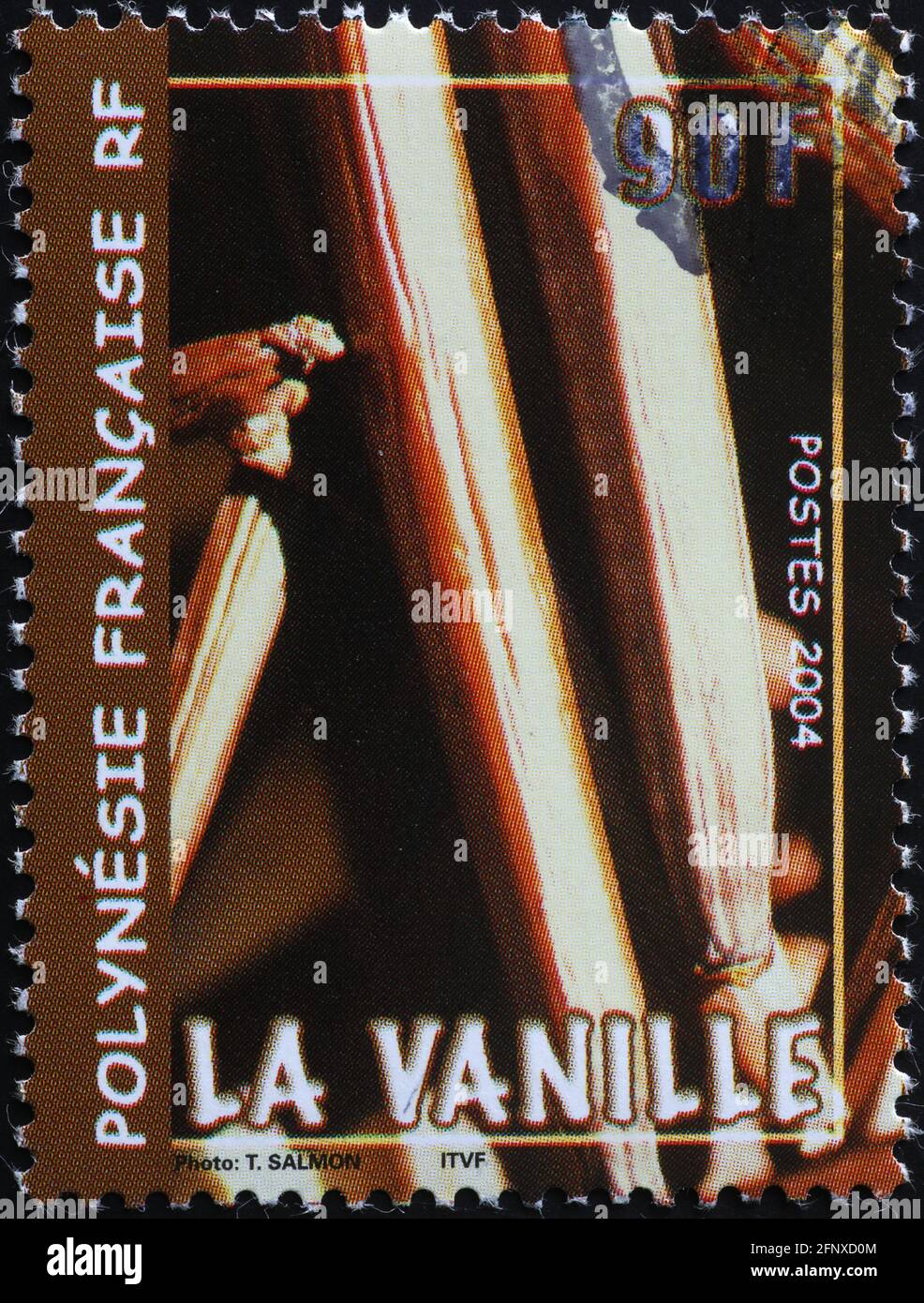 Bâtonnets de vanille sur timbre-poste polynésien Banque D'Images