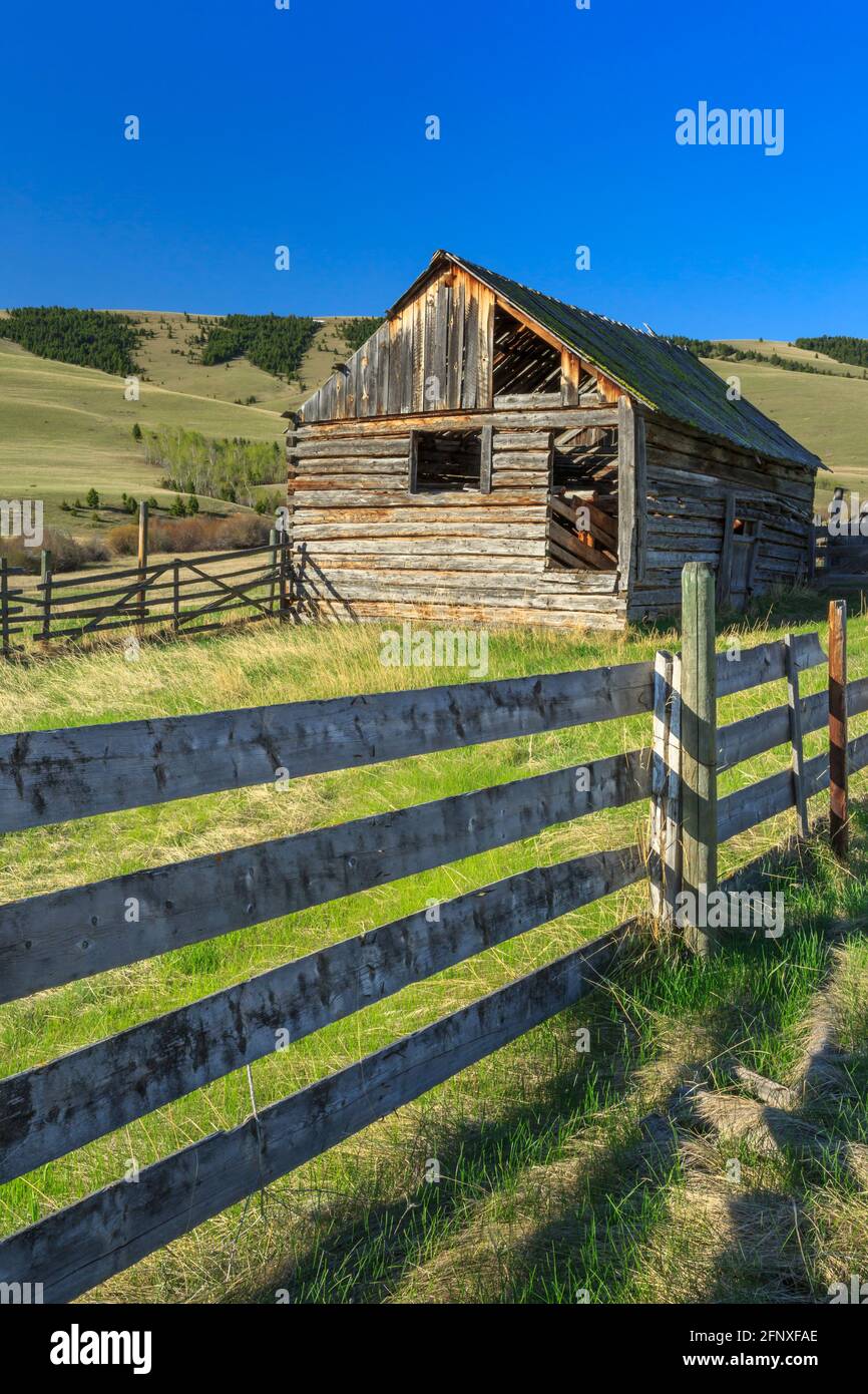 ancienne grange sous les montagnes john long près de hall, montana Banque D'Images