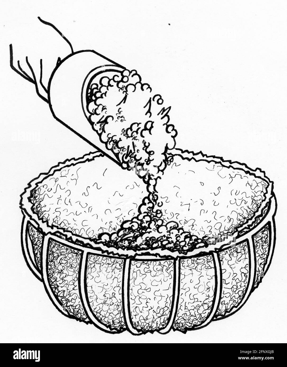 Dessin d'une personne remplissant un panier de semoir avec mélange d'enrobage Banque D'Images