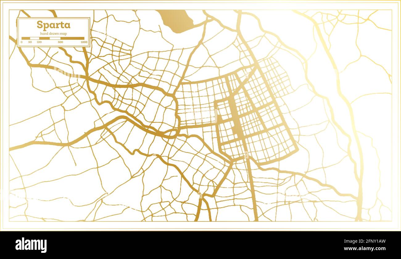 Sparta Grèce carte de la ville en style rétro en couleur dorée. Carte de contour. Illustration vectorielle. Illustration de Vecteur