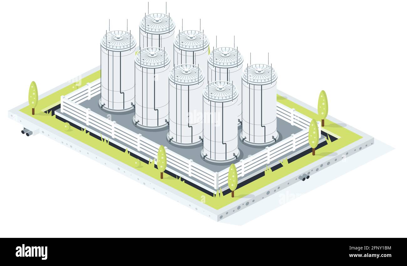 Stockage isométrique d'essence, de pétrole brut ou de diesel. Réservoir ferme ​Isolated sur fond blanc. Illustration vectorielle. Illustration de Vecteur