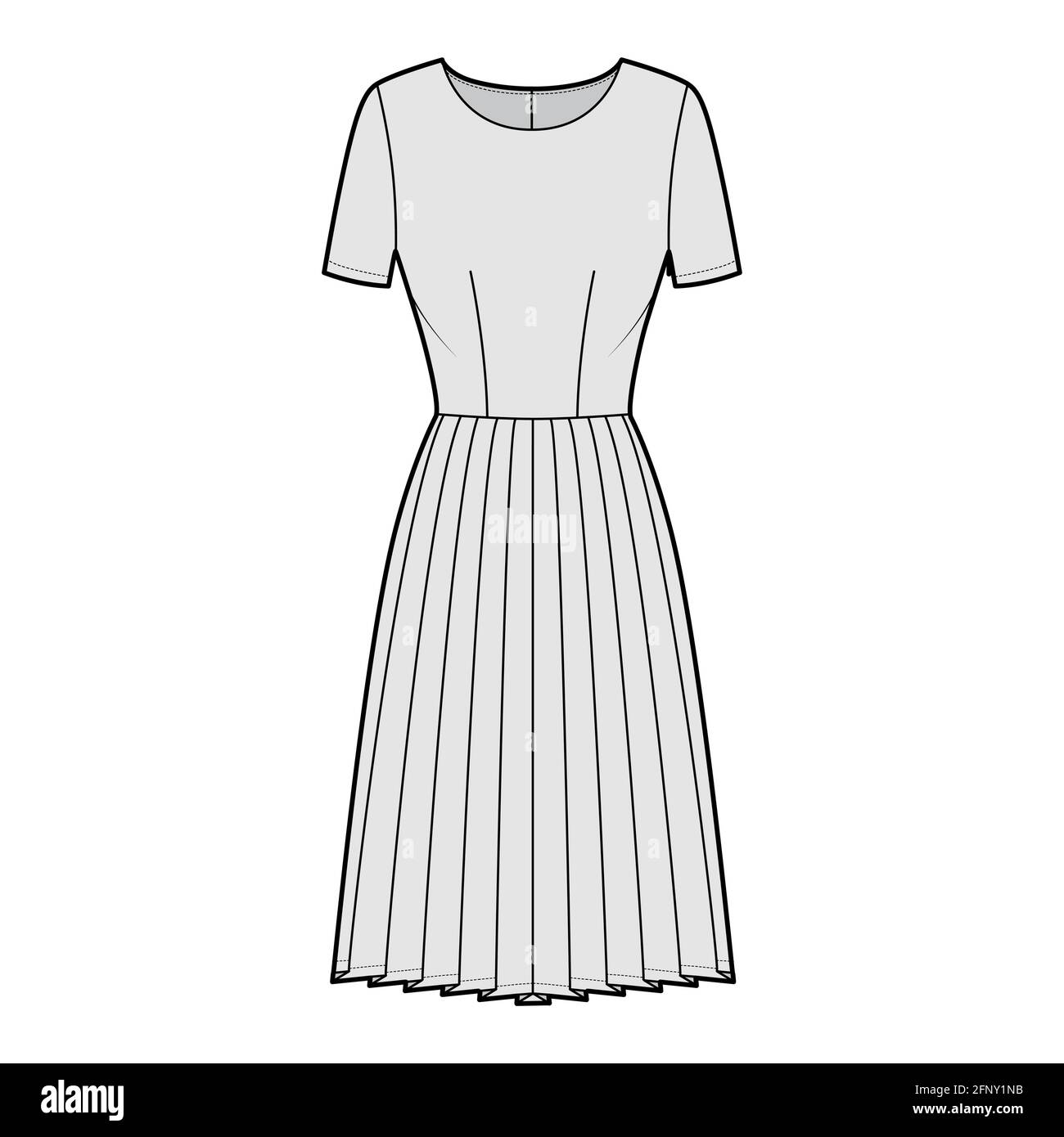 Robe plissée technique mode illustration avec manches courtes, corps ajusté, jupe longueur genou. Vêtements plats sur le devant, style gris. Femmes, hommes unisex CAD maquette Illustration de Vecteur