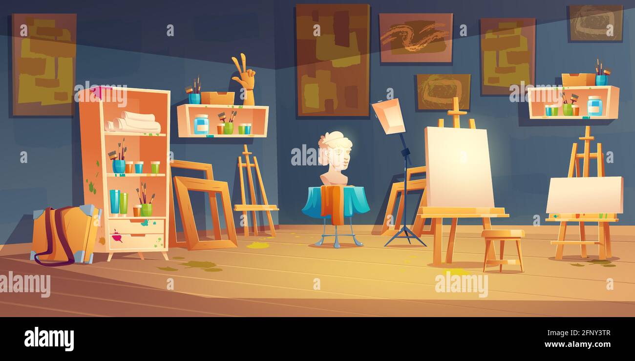 Atelier d'art, salle de classe avec chevalets, peintures et pinceaux ...