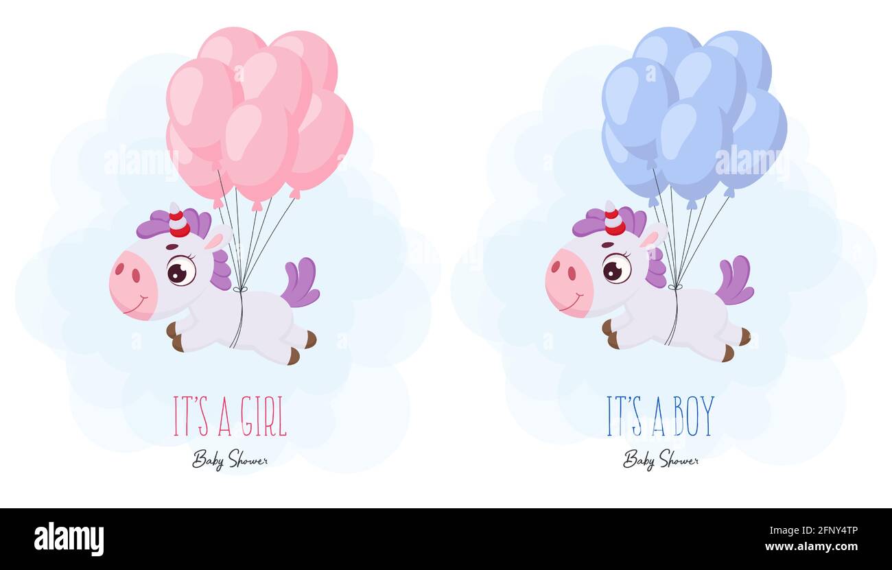 Carte De Voeux Pour Douche De Bebe Avec Une Jolie Licorne Magique Volante Sur Des Ballons Personnage De Dessin Anime Magique Drole Unicorn C Est Un Garcon C Est Une Fille Couleur Vive C