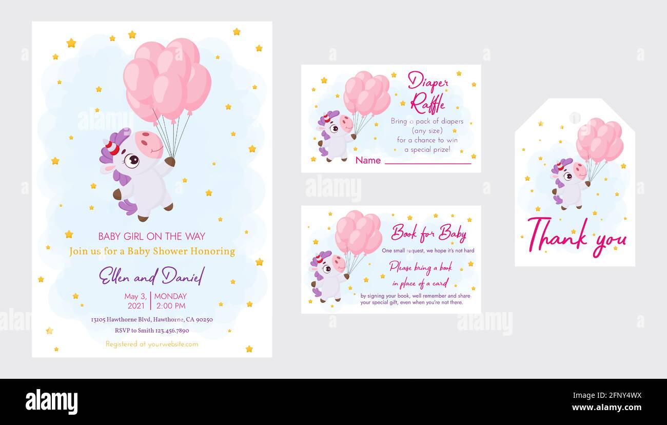Baby Douche Imprimable Partie Carte D Invitation Modele Bebe Fille Sur Le Chemin Avec Le Deflecteur De Couches Livre Pour Bebe Et Etiquette De Remerciement Jeu D Invitation Avec Coupe Image Vectorielle Stock