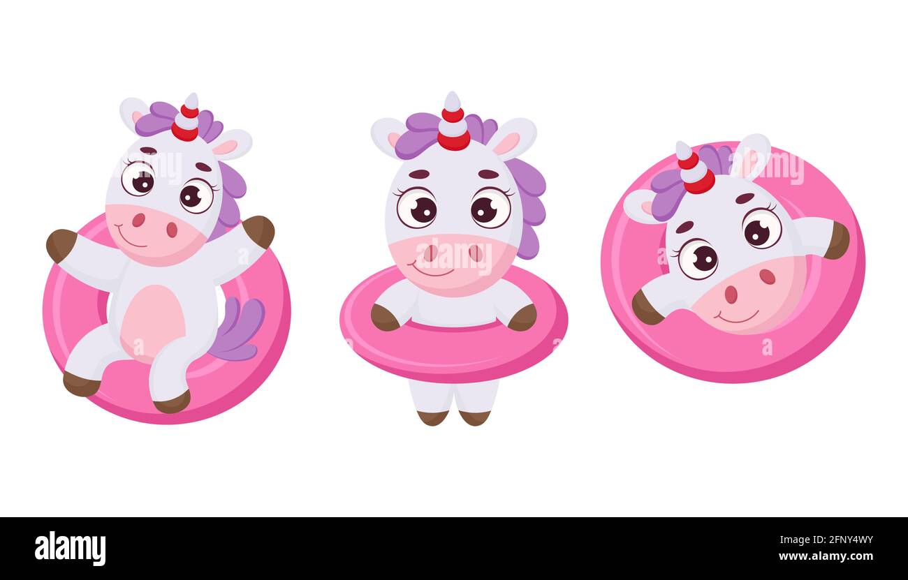 Ensemble De Licorne Magique Mignon Flotte Sur Un Cercle Rose Drole De Magie Unicorn Personnage De Dessin Anime Pour L Impression Cartes Douche De Bebe Invitation Fonds D Ecran Decor Image Vectorielle Stock