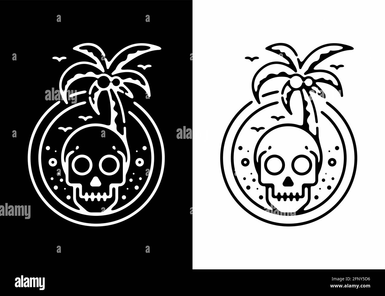 Tête de crâne noire et blanche et art de la ligne de cocotier conception Illustration de Vecteur