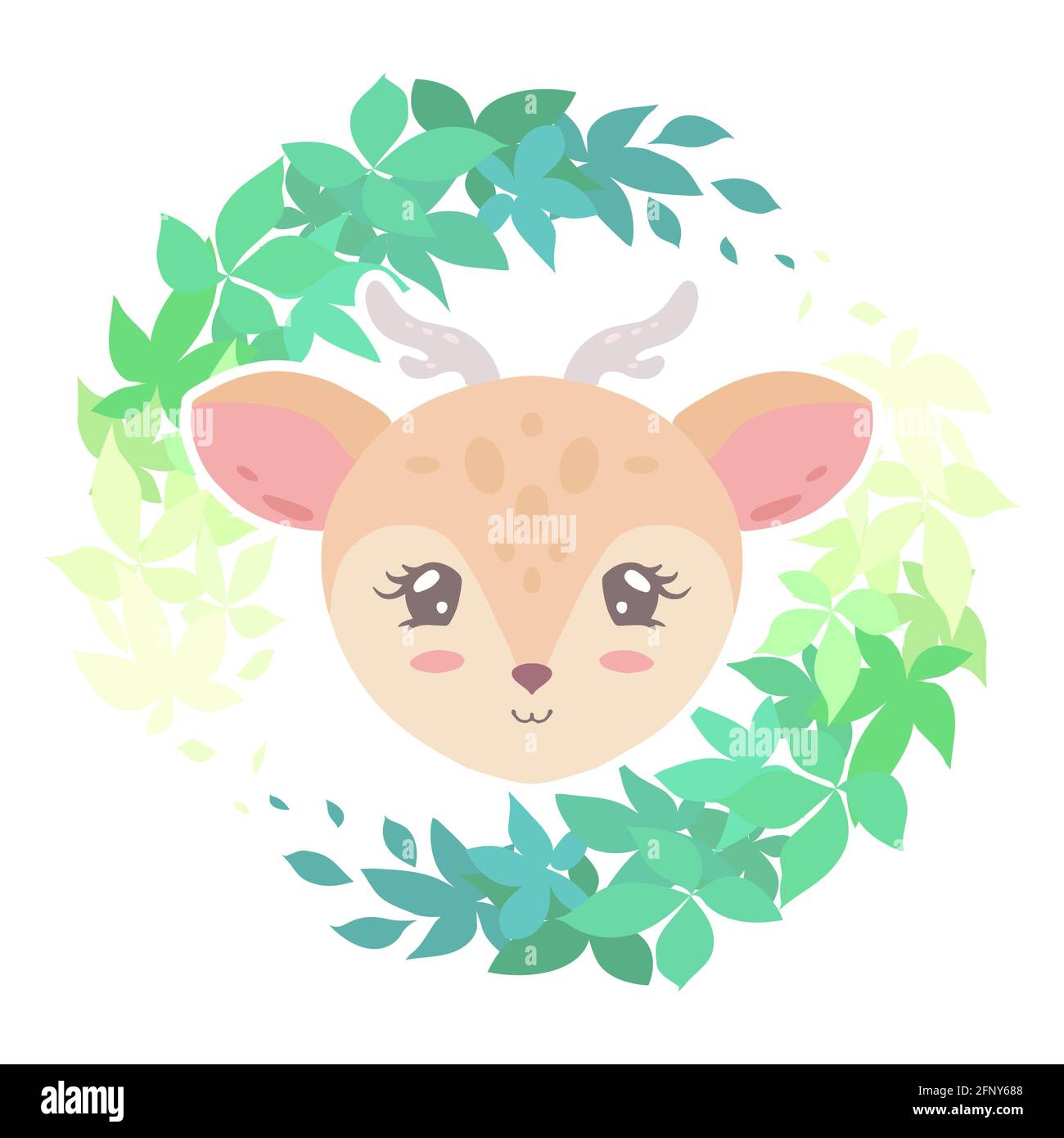 Illustration pute d'un petit cerf adorable dans une couronne de plantes sur fond blanc. Le bébé animal. Dessin à plat de dessin animé vectoriel pour un enfant r Illustration de Vecteur