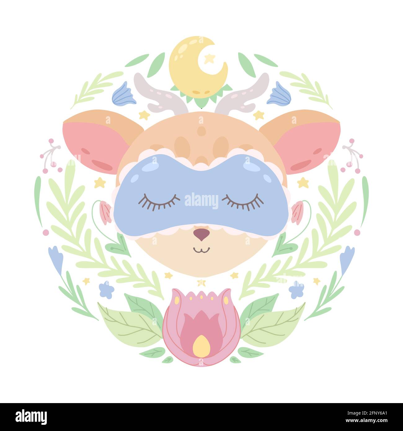 Jolie Illustration Puerile D Un Petit Cerf Charmant Dans Un Masque De Sommeil Avec Une Decoration Vegetale Sur Fond Blanc Le Bebe Animal Vecteur Dessin Anime Plat Dr Image Vectorielle Stock Alamy