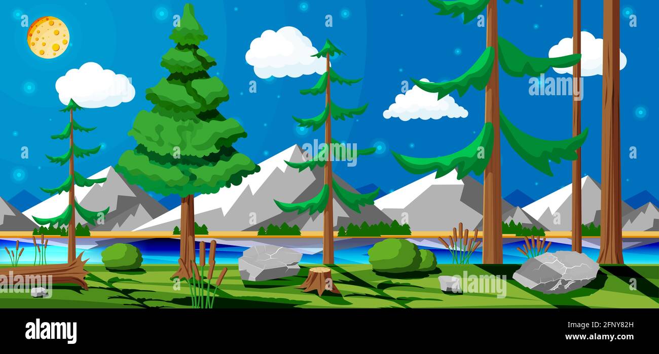 Paysage de nature d'été avec rochers et lac Illustration de Vecteur