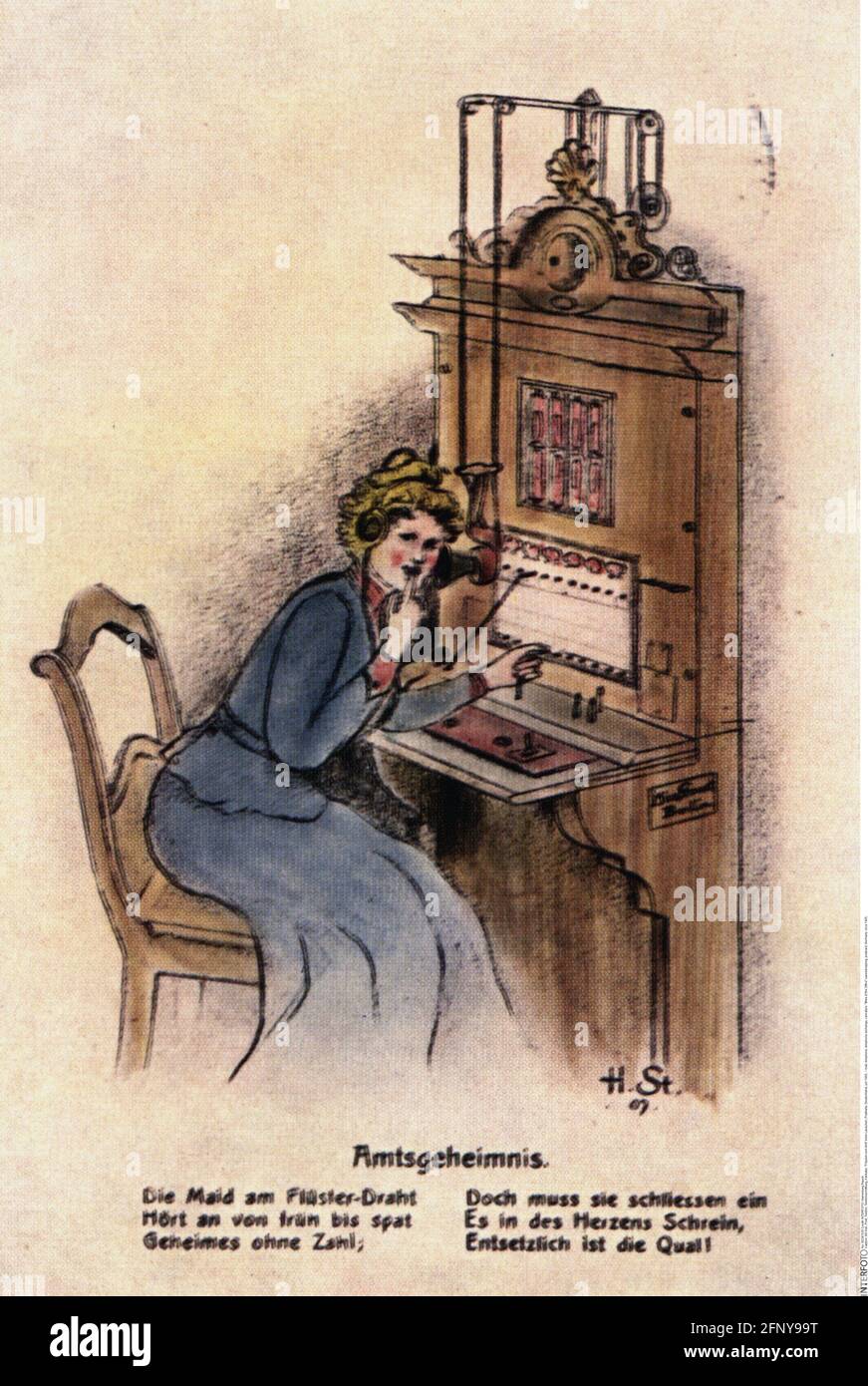 Courrier, téléphone, échange téléphonique, caricature, écoute clandestine, carte postale, AUTORISATION-DROITS-SUPPLÉMENTAIRES-INFO-NON-DISPONIBLE Banque D'Images