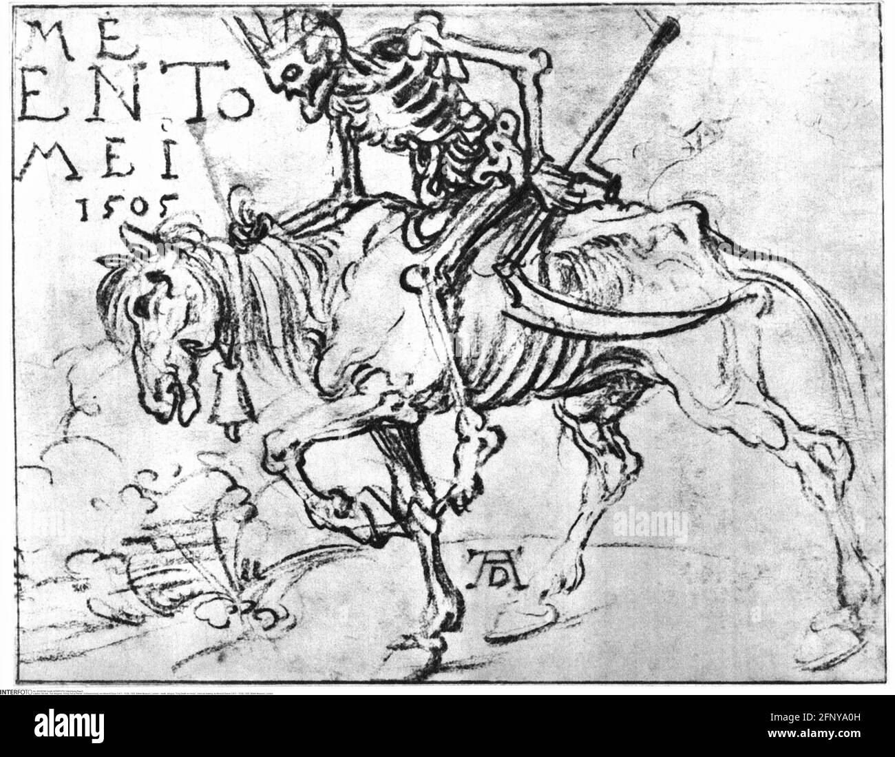 Death, allégorie, « King Death on Horse », dessin au charbon de bois, par Albrecht Duerer (1471 - 1528), 1505, LE DROIT D'AUTEUR DE L'ARTISTE NE DOIT PAS ÊTRE EFFACÉ Banque D'Images