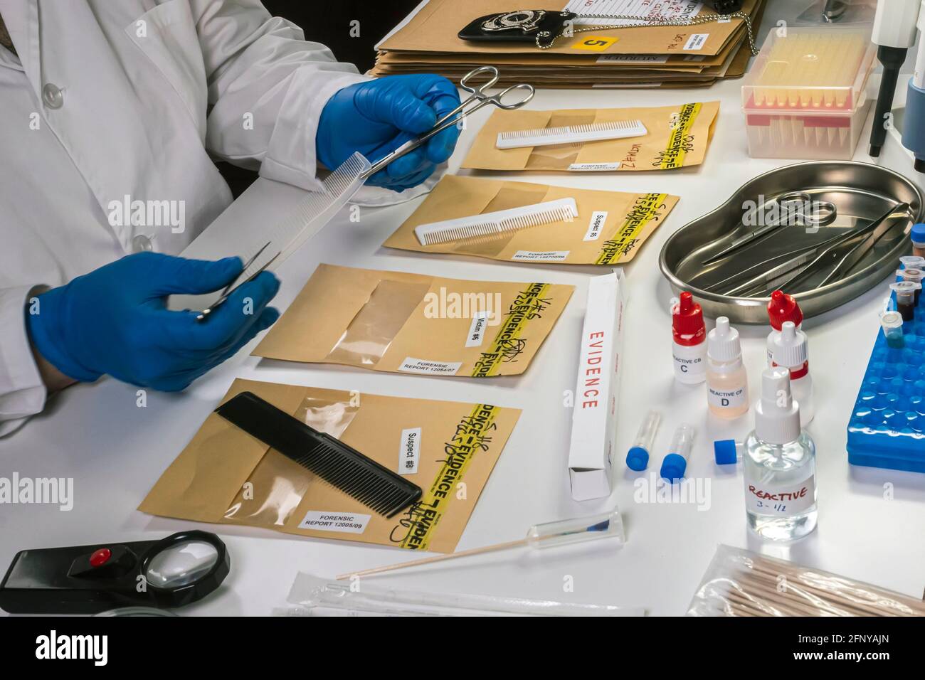 Police spécialisée prendre les cheveux peigne pour prendre l'ADN de la victime de meurtre, image conceptuelle Banque D'Images