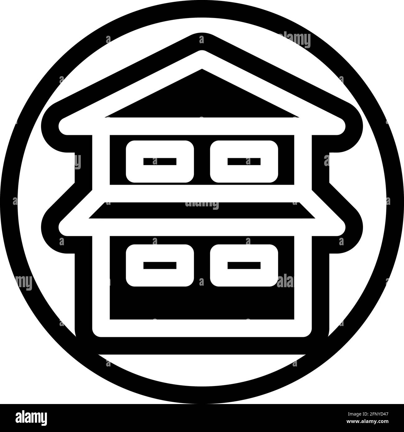 Icône maison de deux étages, conception plate, couleur noire et contour sur un fond de cercle de ligne. Illustration de Vecteur