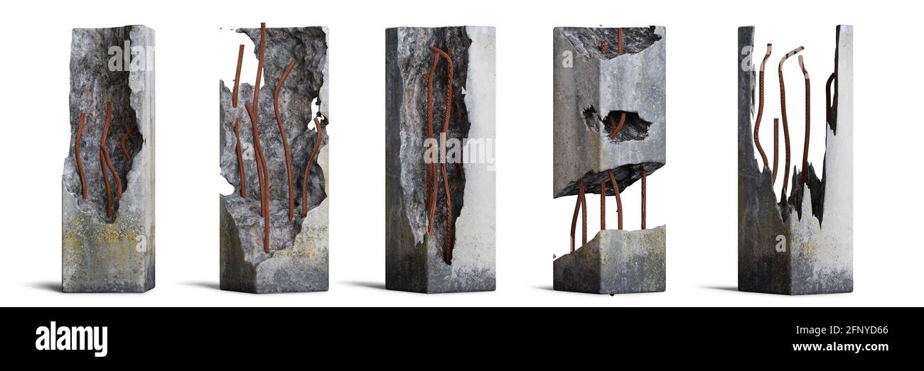 ensemble de piliers en béton endommagés isolés de l'ombre sur le blanc arrière-plan (rendu 3d) Banque D'Images