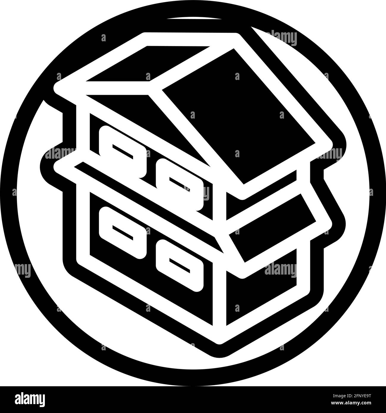 Icône maison à deux étages, conception plate isométrique avec couleur noire et contour sur un arrière-plan de cercle de ligne. Illustration de Vecteur