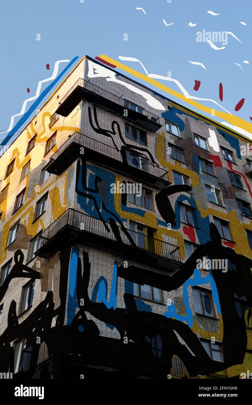 Figure des gens comme keith haring et l'art de rue vibe peinture sur le bâtiment. Art urbain mélange peinture sur photographie. Art très expressionniste et dehors Banque D'Images