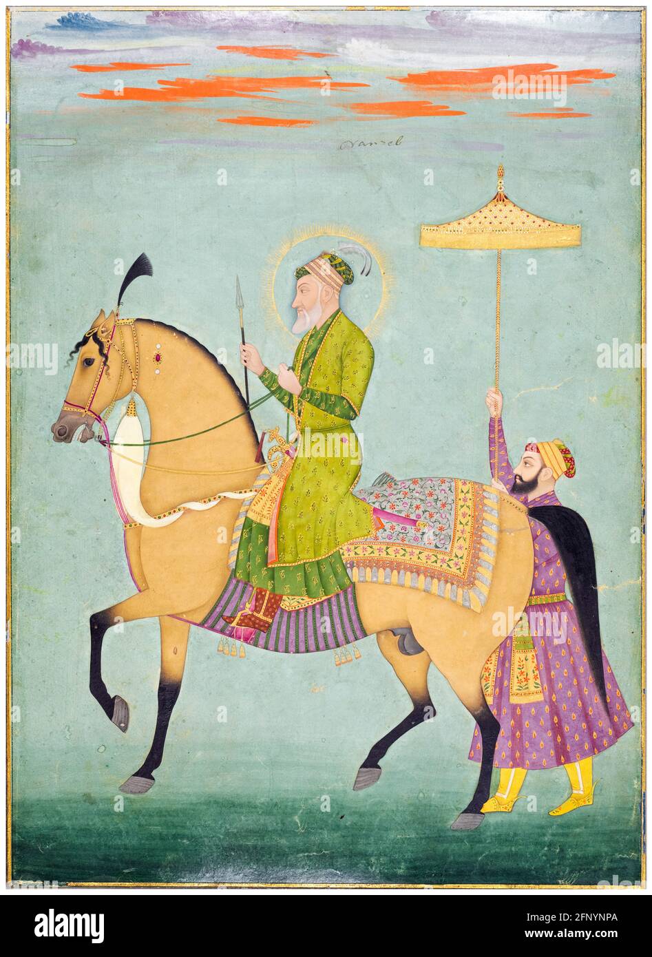 L'empereur Aurangzeb (Alamgir I) (1618-1707), 6e empereur moghol (1658-1707), à cheval, portrait équestre de l'école Mughal, 1690-1710 Banque D'Images