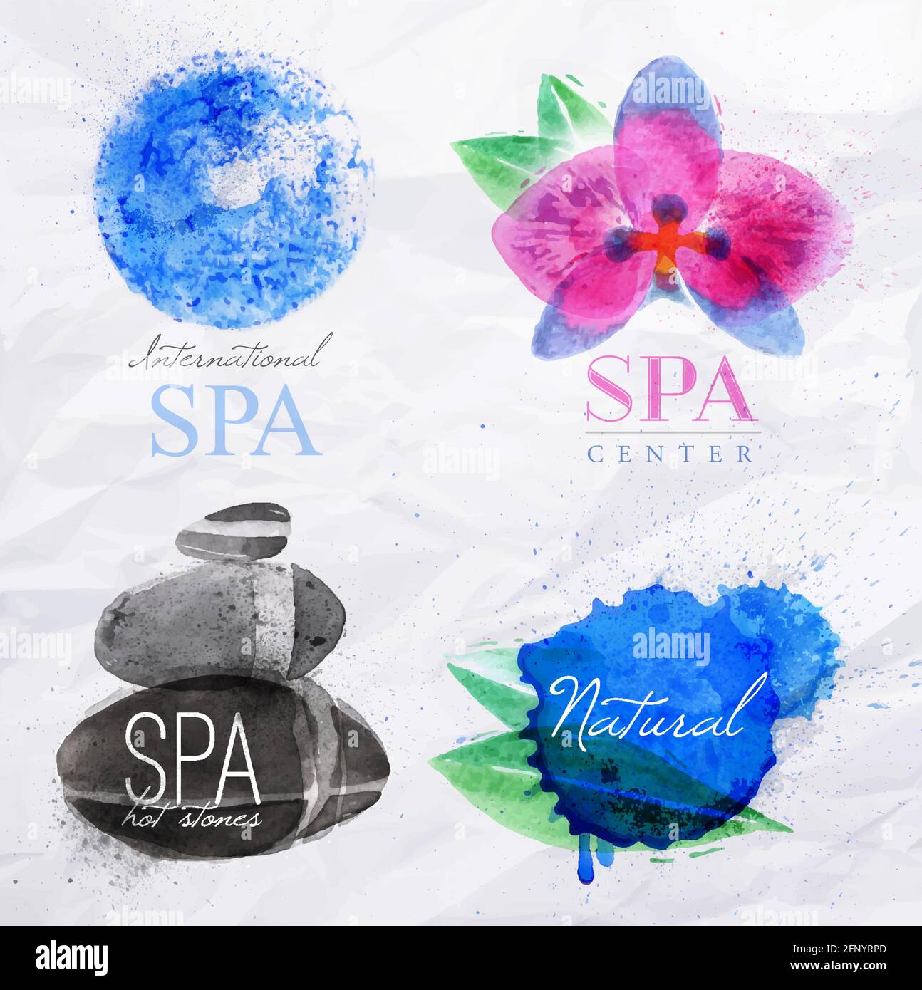 Ensemble de symboles icônes spa pierres naturelles symboles eau d'orchidée gouttelettes peinture aquarelle stylisée Illustration de Vecteur
