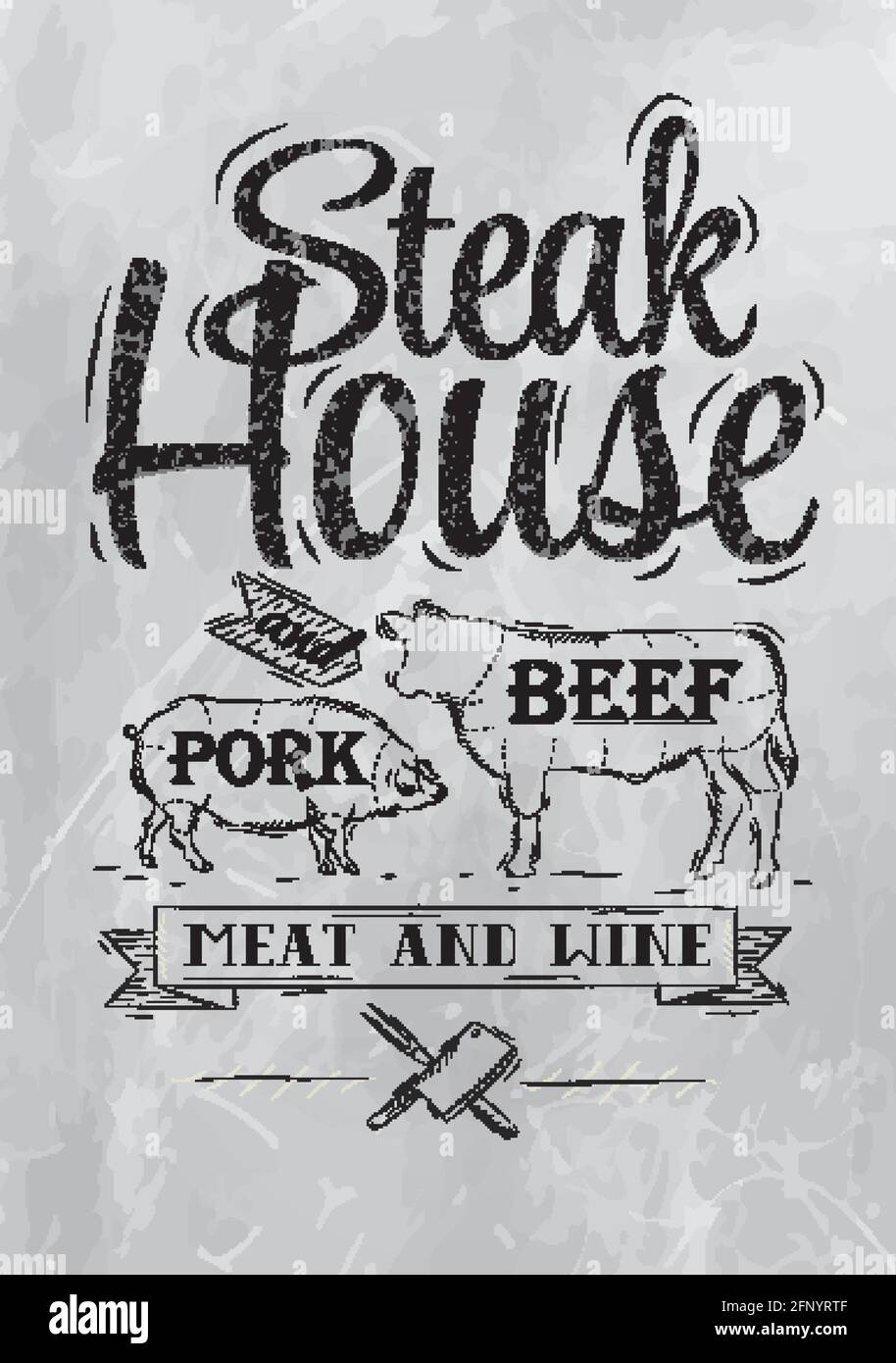 Affiche Steak House dessin à la craie avec un cochon et un vache sous forme de lettres dessinant du charbon Illustration de Vecteur