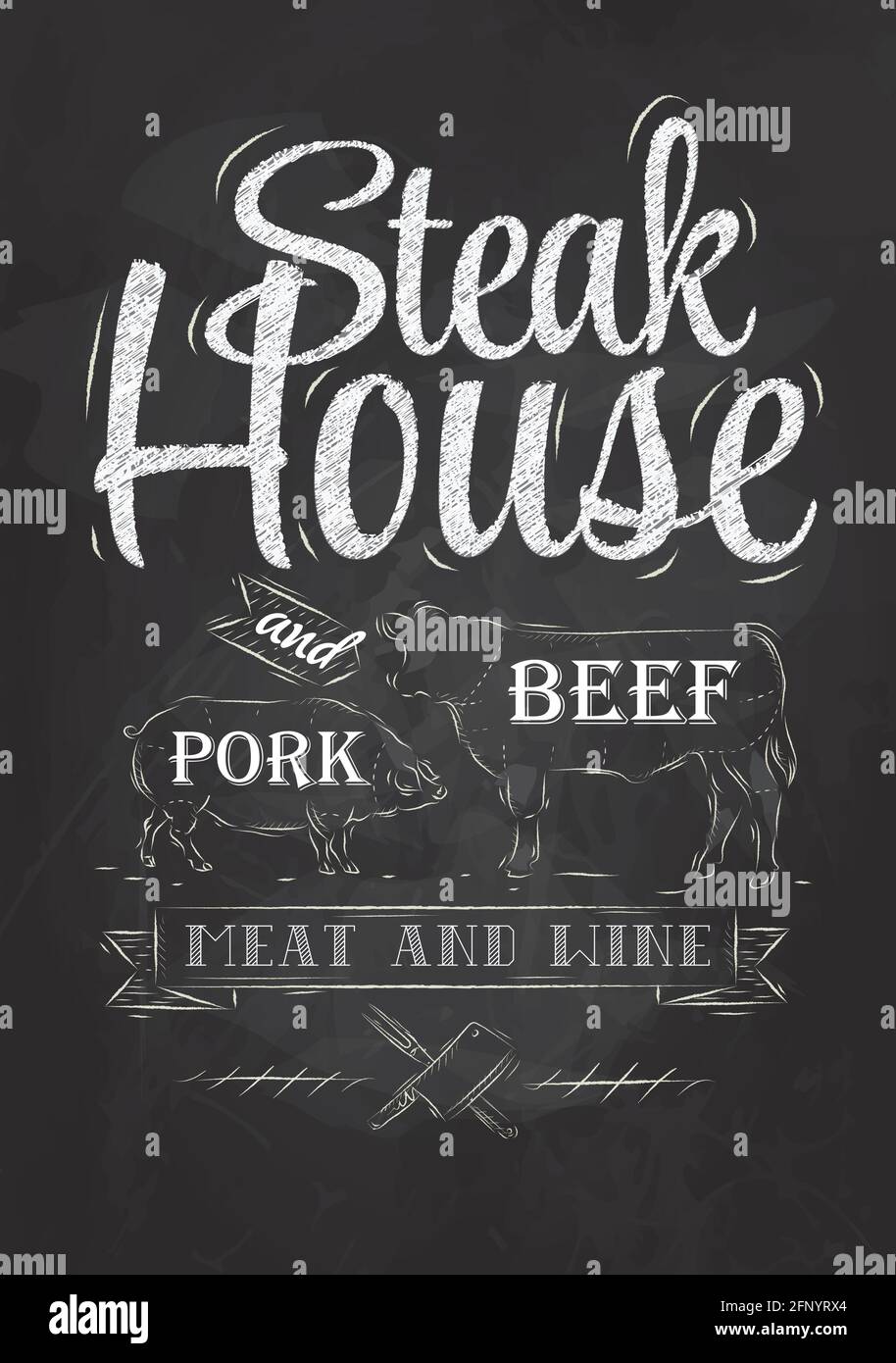 Affiche Steak House dessin à la craie avec un cochon et un vache sous forme de lettres Illustration de Vecteur