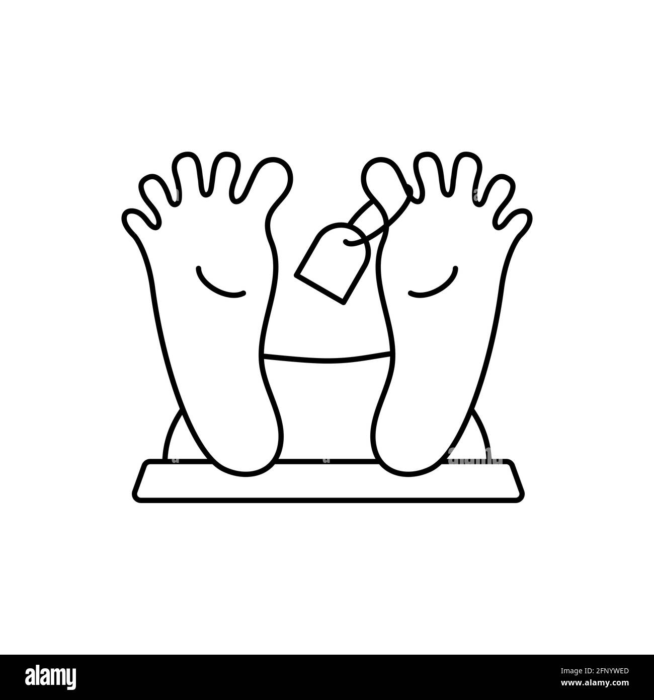 Icône de la ligne morgue. Associez le pied de personne à l'étiquette. Signe de corps mort. Empreintes humaines linéaires. Vecteur isolé sur blanc Illustration de Vecteur