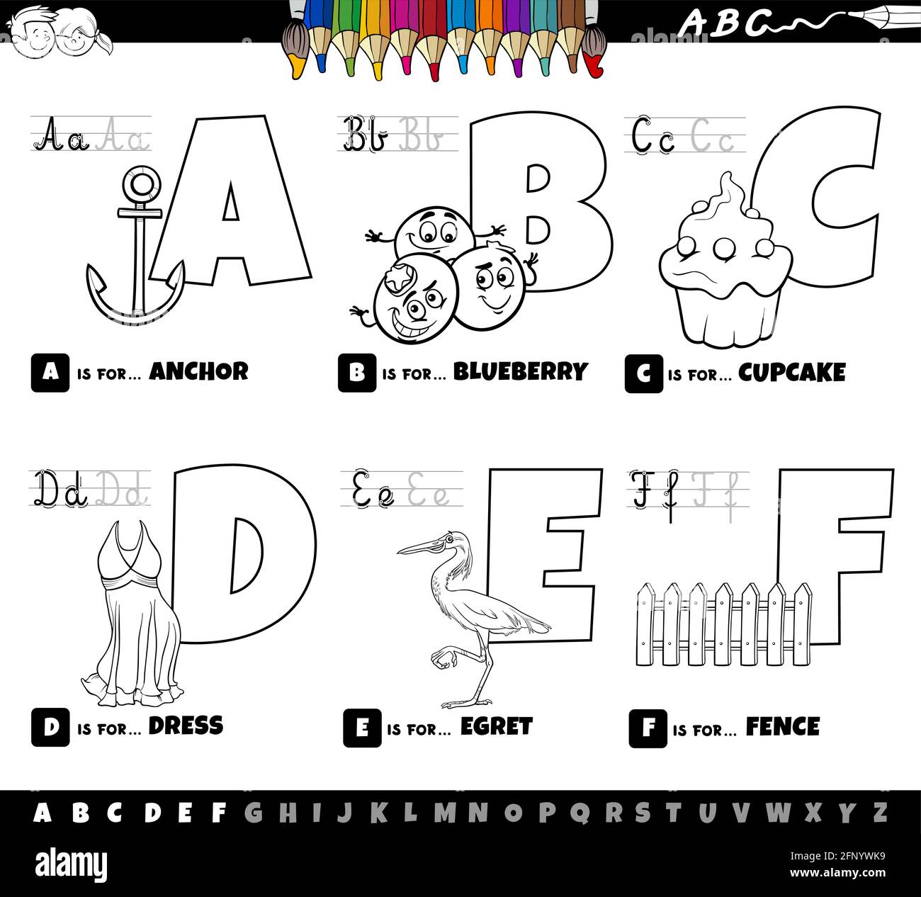 Dessin animé noir et blanc représentant des lettres majuscules de l'alphabet kit éducatif pour la pratique de la lecture et de l'écriture pour les enfants de Couleur a à F Illustration de Vecteur